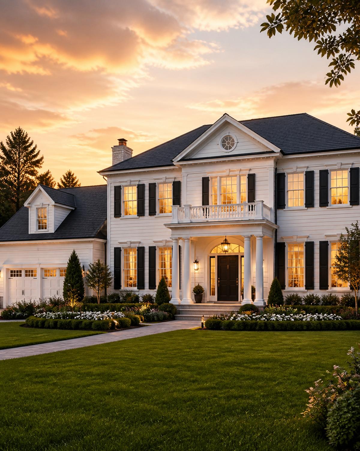 A stately modern colonial home glowing in warm sunset light